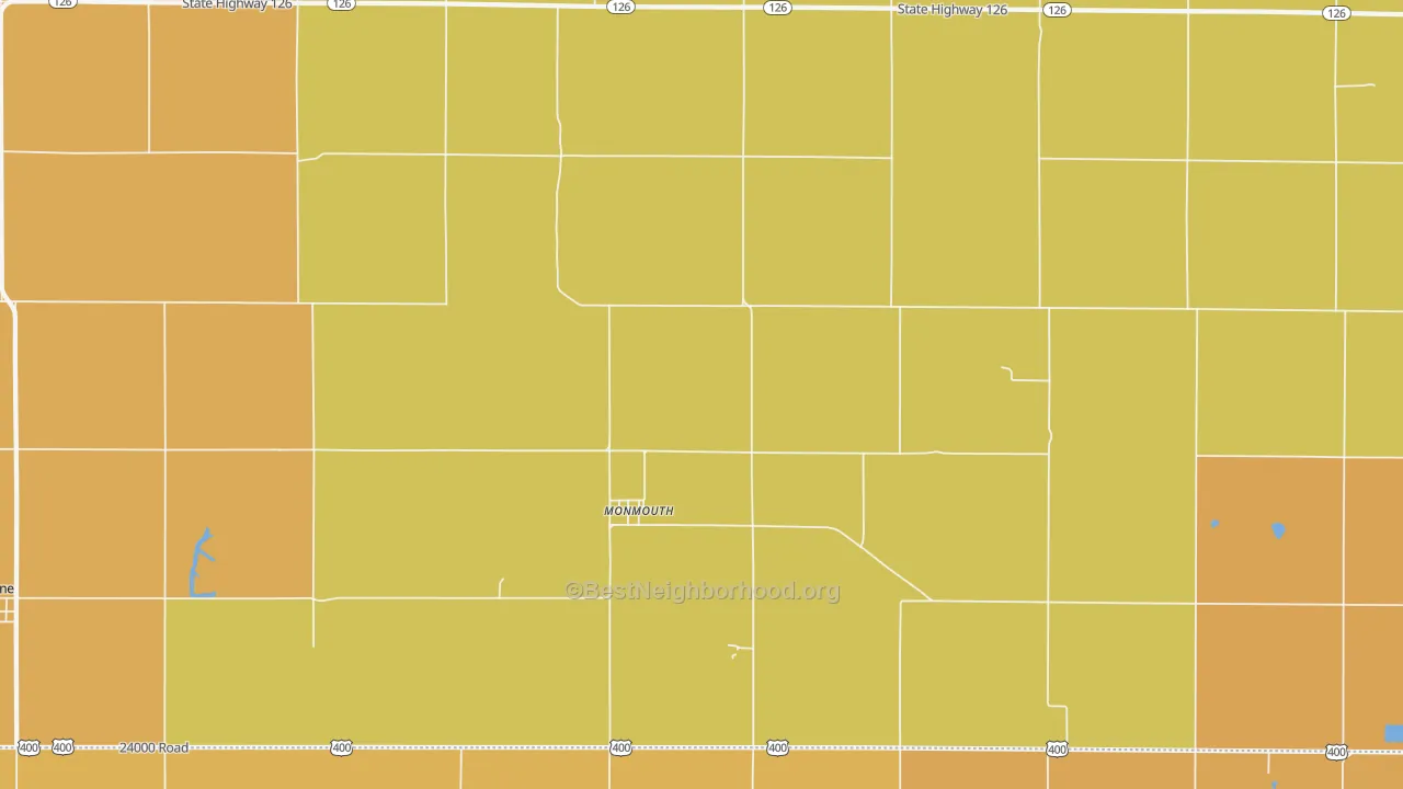 Map of the best neighborhoods in the Monmouth area, with better matches in green and worse matches in red
