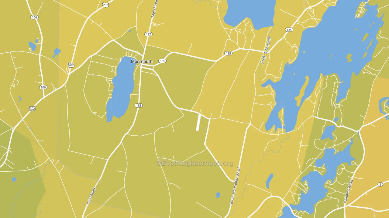 Map of the best neighborhoods in the Monmouth area, with better matches in green and worse matches in red