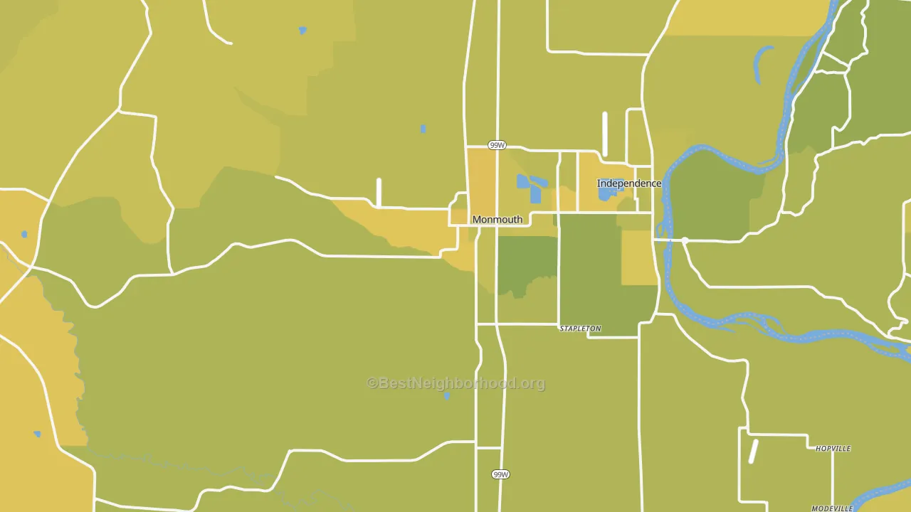 Map of the best neighborhoods in the Monmouth area, with better matches in green and worse matches in red
