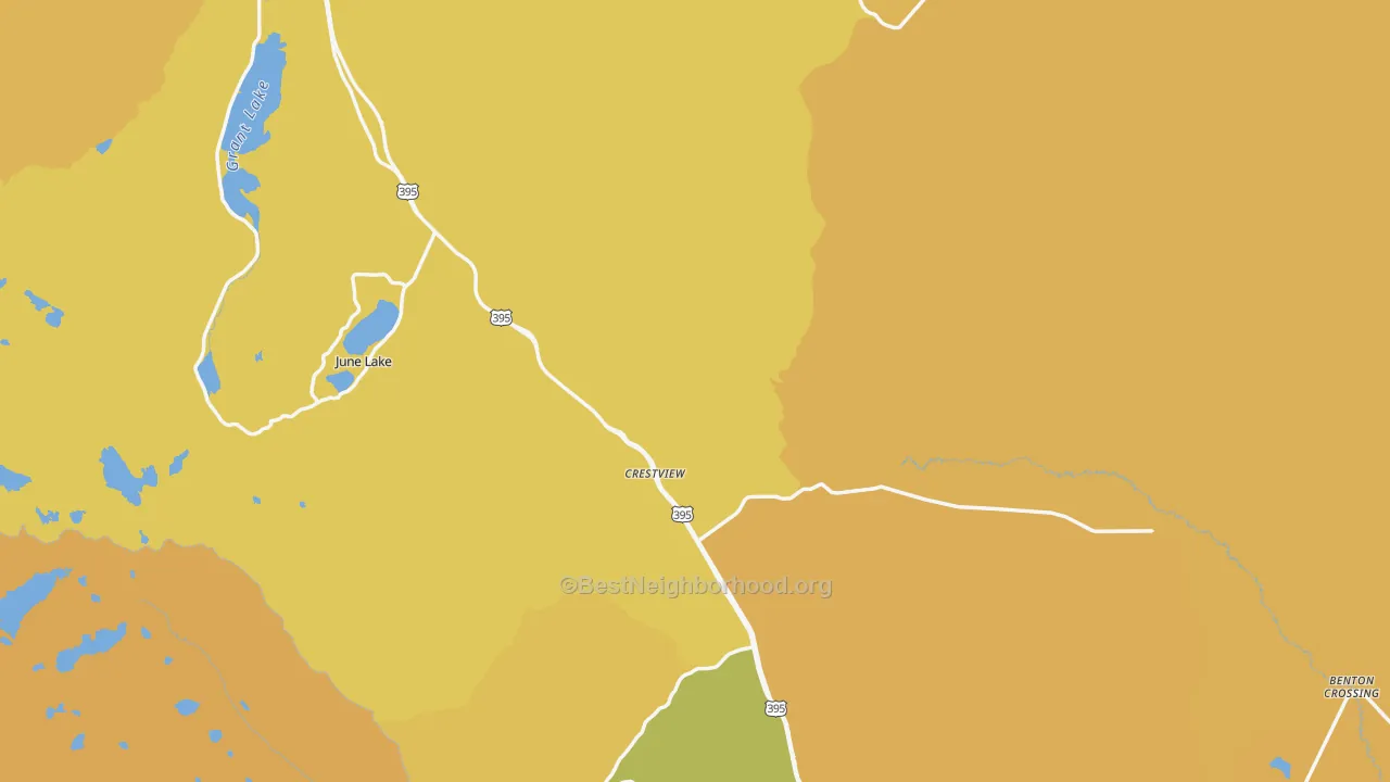 Map of the best neighborhoods in the Mono County area, with better matches in green and worse matches in red