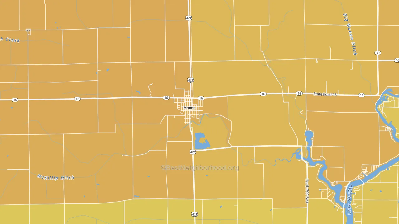 Map of the best neighborhoods in the Monon area, with better matches in green and worse matches in red