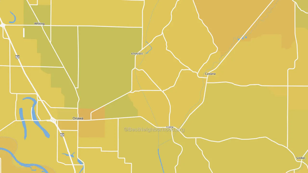 Map of the best neighborhoods in the Monona County area, with better matches in green and worse matches in red