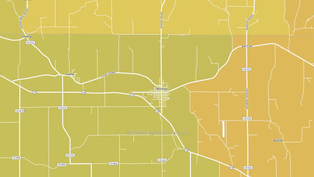 Map of the best neighborhoods in the Monona area, with better matches in green and worse matches in red
