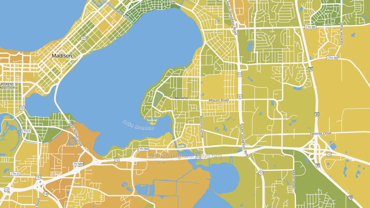 Map of the best neighborhoods in the Monona area, with better matches in green and worse matches in red