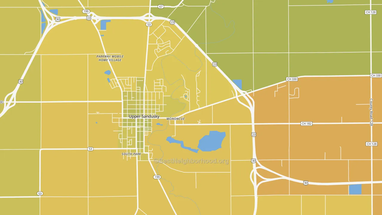Map of the best neighborhoods in the Mononcue area, with better matches in green and worse matches in red