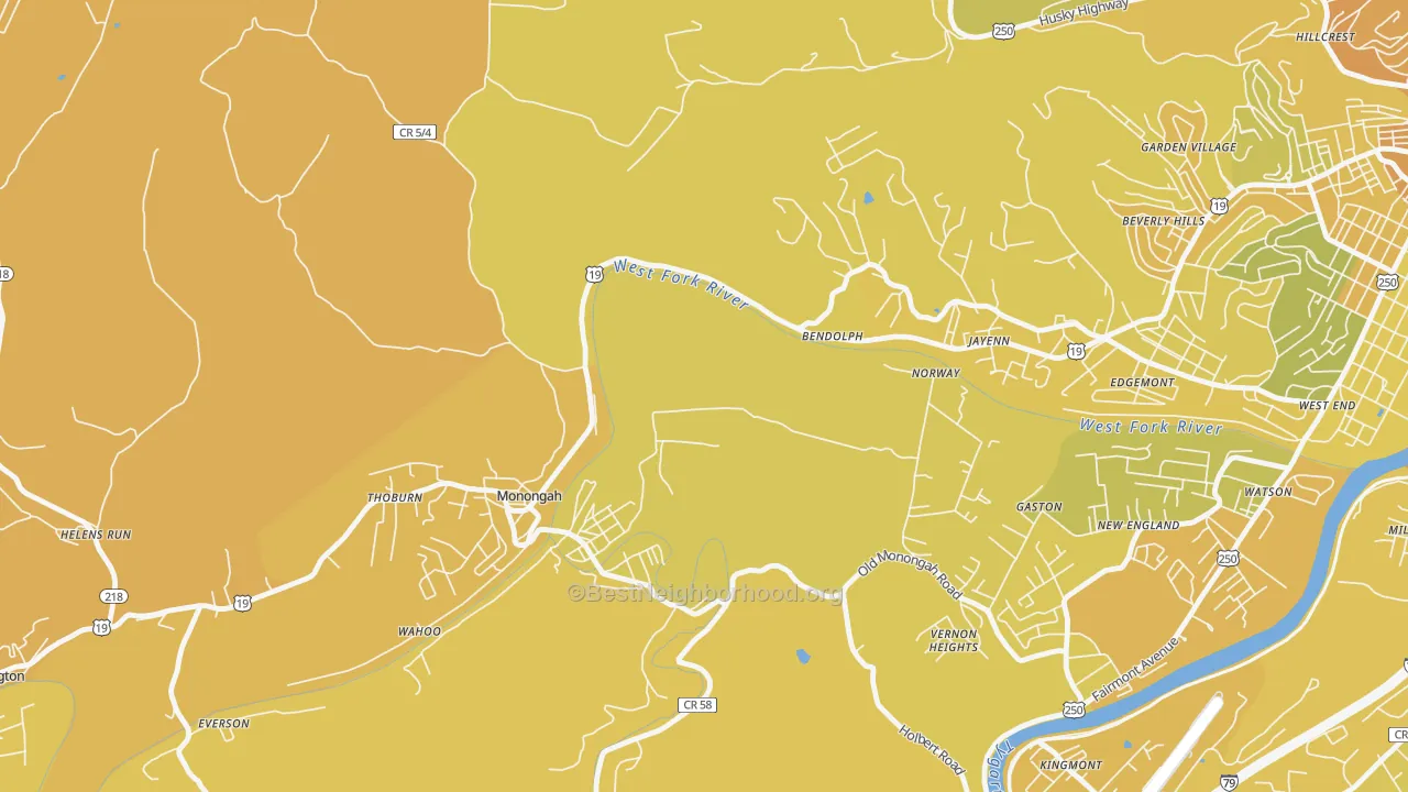 Map of the best neighborhoods in the Monongah area, with better matches in green and worse matches in red