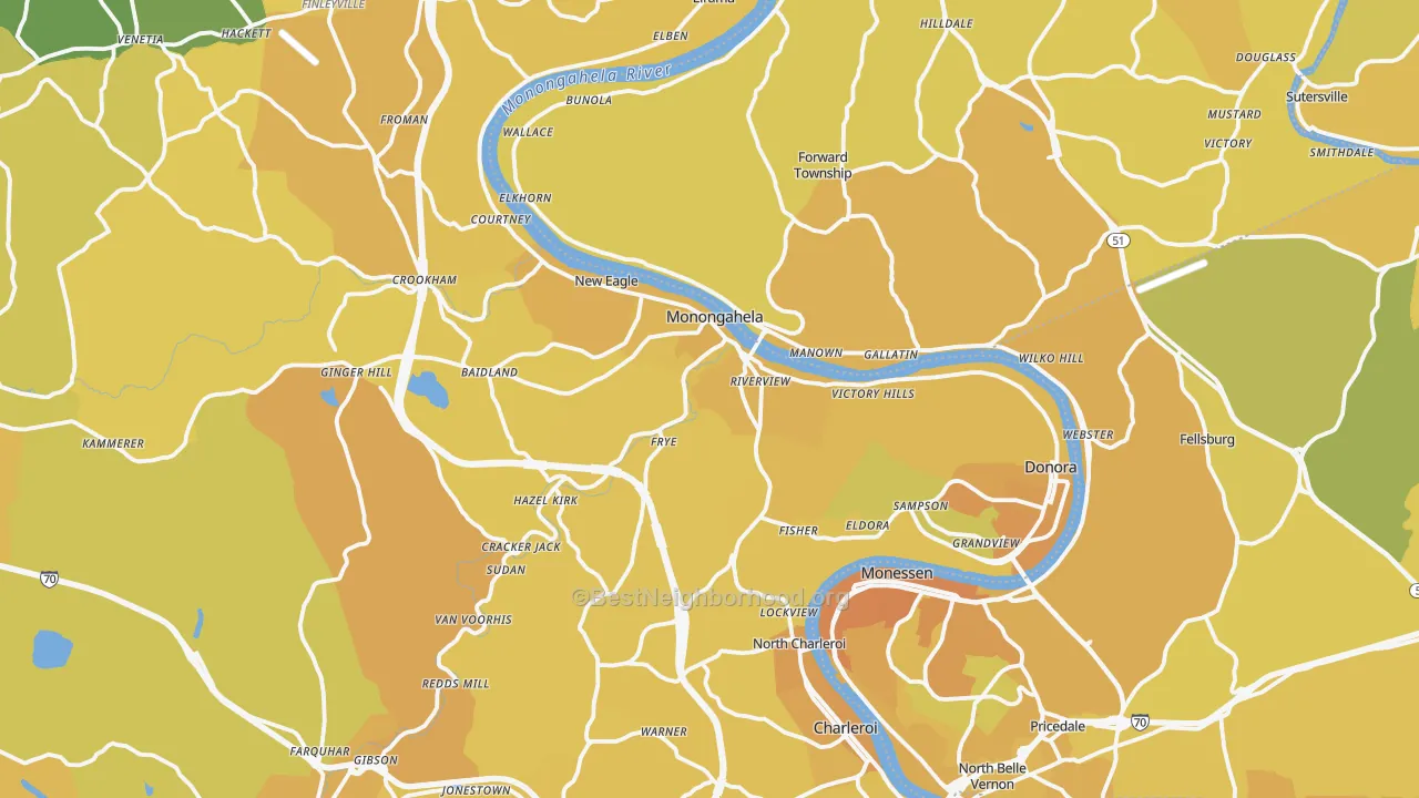 Map of the best neighborhoods in the Monongahela area, with better matches in green and worse matches in red