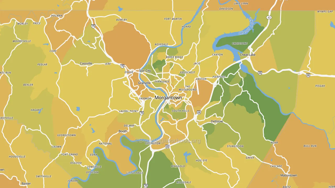 Map of the best neighborhoods in the Monongalia County area, with better matches in green and worse matches in red