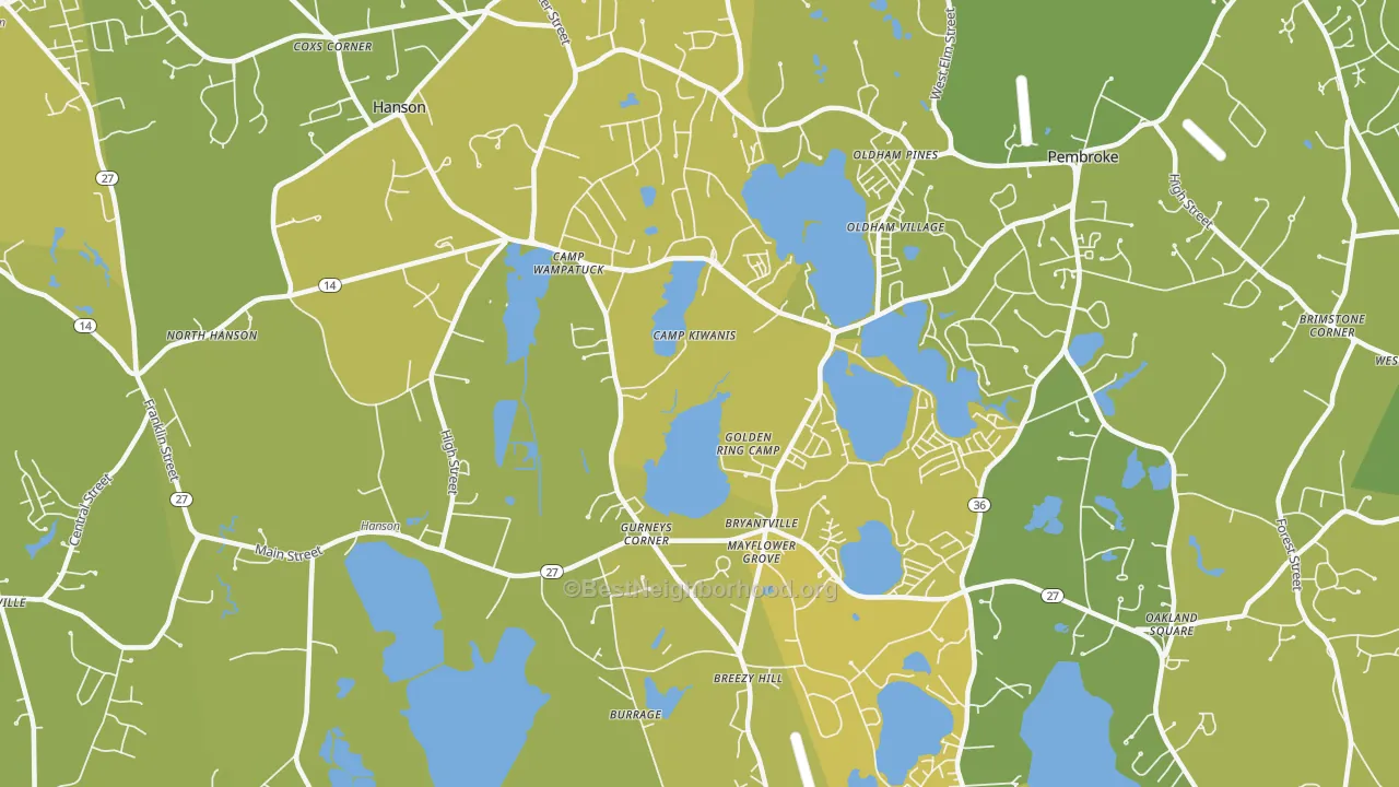 Map of the best neighborhoods in the Monponsett area, with better matches in green and worse matches in red