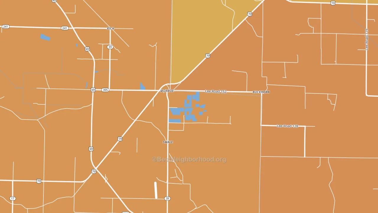 Map of the best neighborhoods in the Monroe area, with better matches in green and worse matches in red