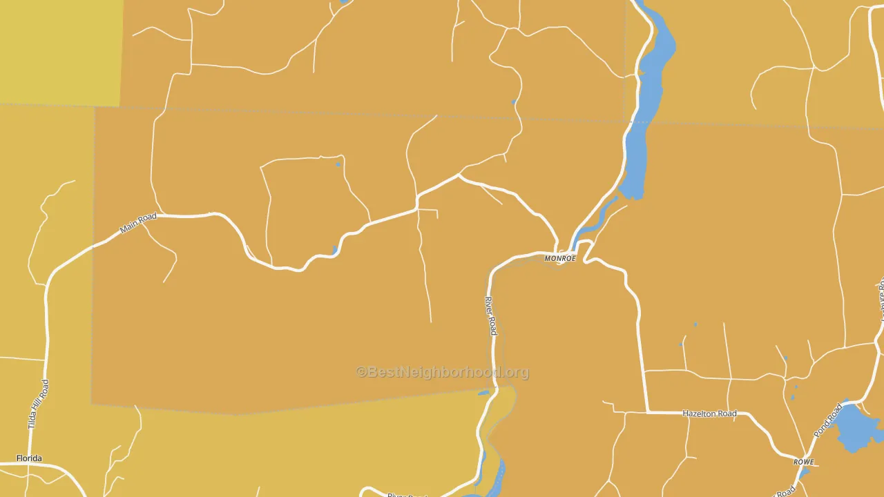Map of the best neighborhoods in the Monroe Bridge area, with better matches in green and worse matches in red
