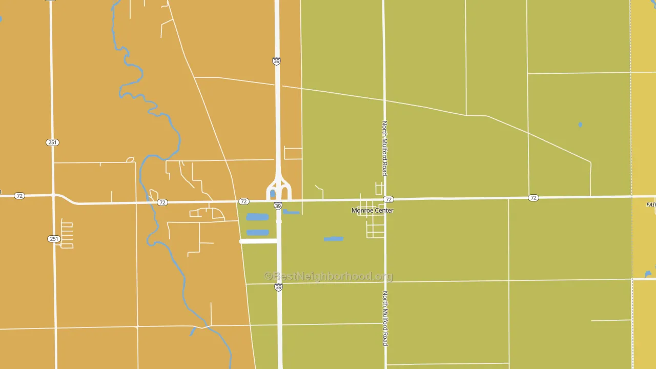 Map of the best neighborhoods in the Monroe Center area, with better matches in green and worse matches in red