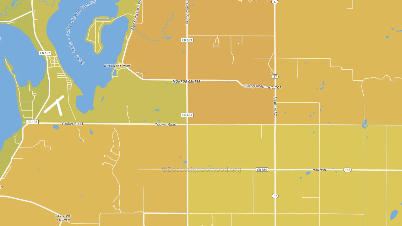 Map of the best neighborhoods in the Monroe Center area, with better matches in green and worse matches in red