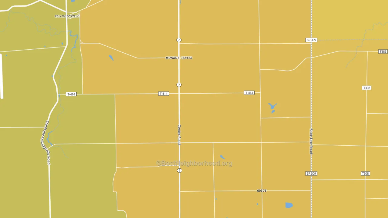Map of the best neighborhoods in the Monroe Center area, with better matches in green and worse matches in red