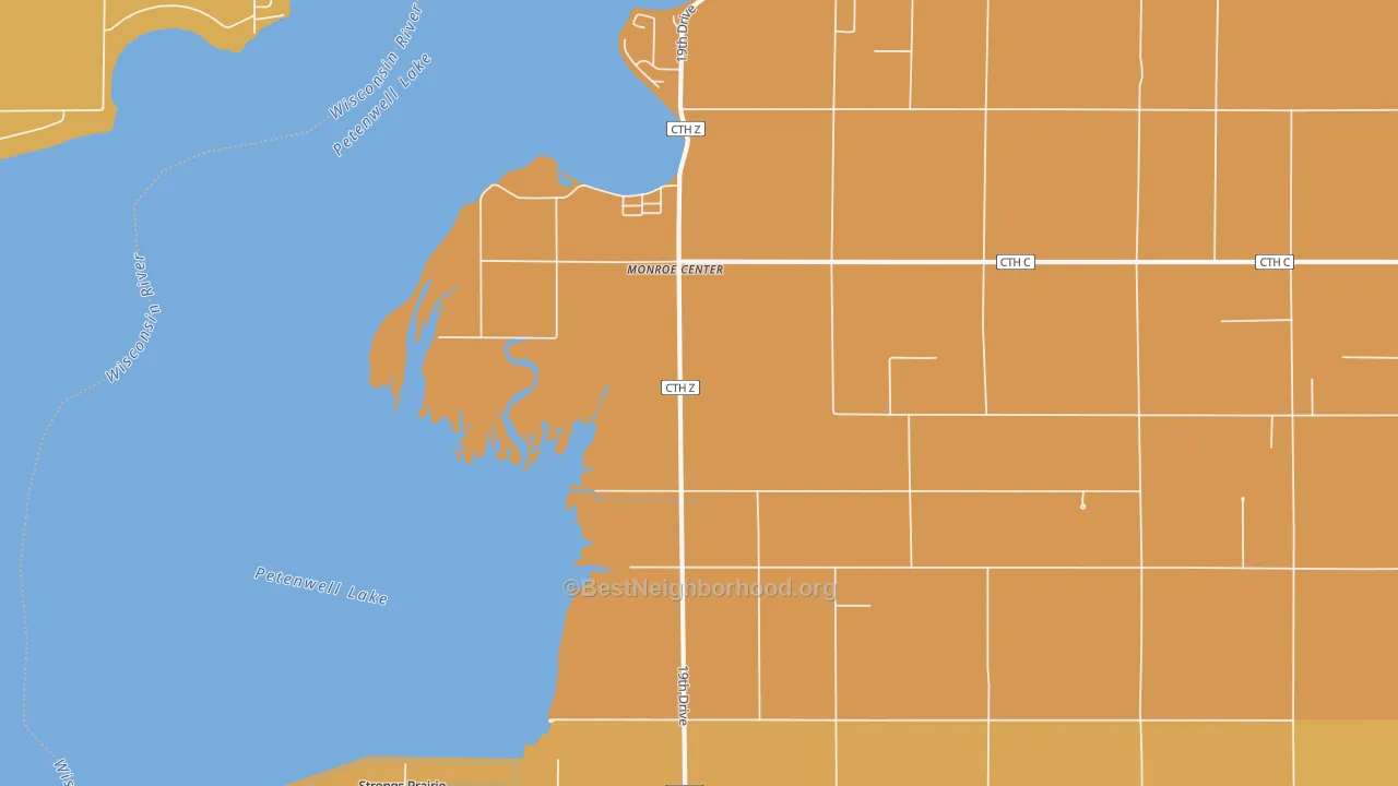 Map of the best neighborhoods in the Monroe Center area, with better matches in green and worse matches in red