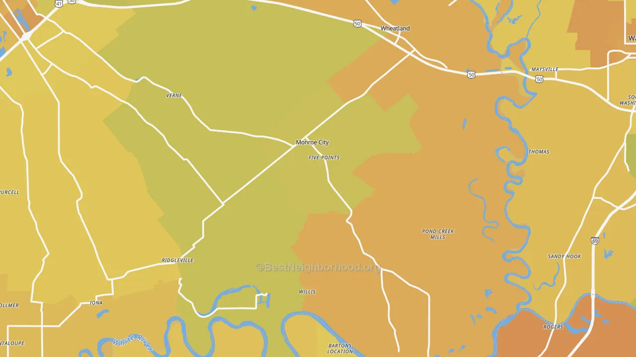Map of the best neighborhoods in the Monroe City area, with better matches in green and worse matches in red