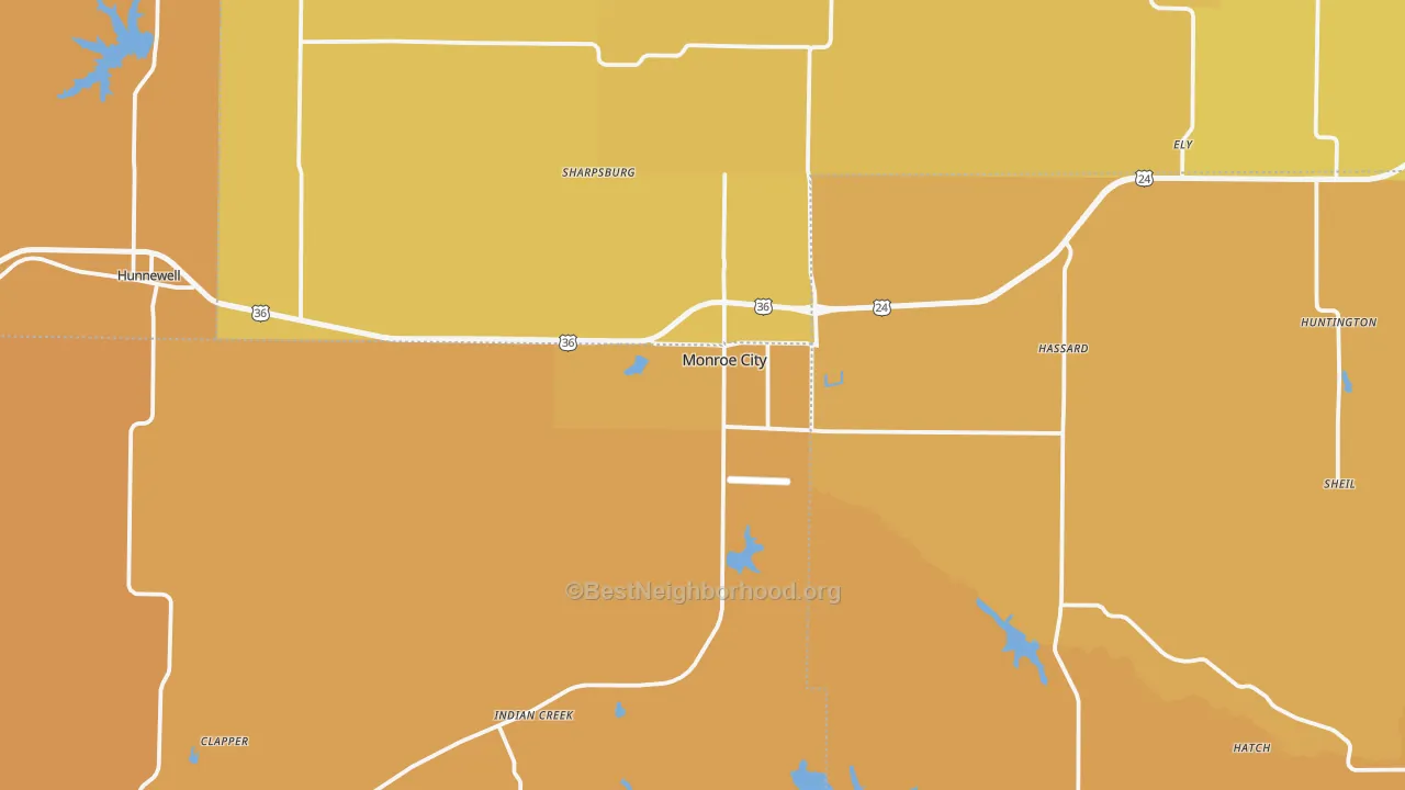 Map of the best neighborhoods in the Monroe City area, with better matches in green and worse matches in red