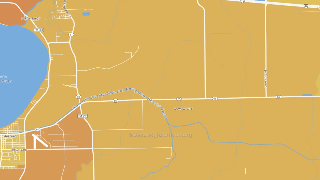 Map of the best neighborhoods in the Monroe City area, with better matches in green and worse matches in red