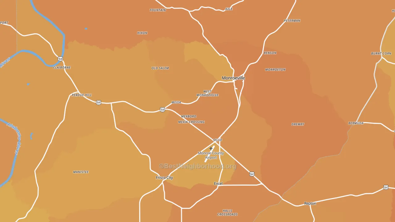 Map of the best neighborhoods in the Monroe County area, with better matches in green and worse matches in red