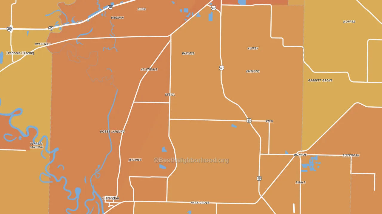Map of the best neighborhoods in the Monroe County area, with better matches in green and worse matches in red