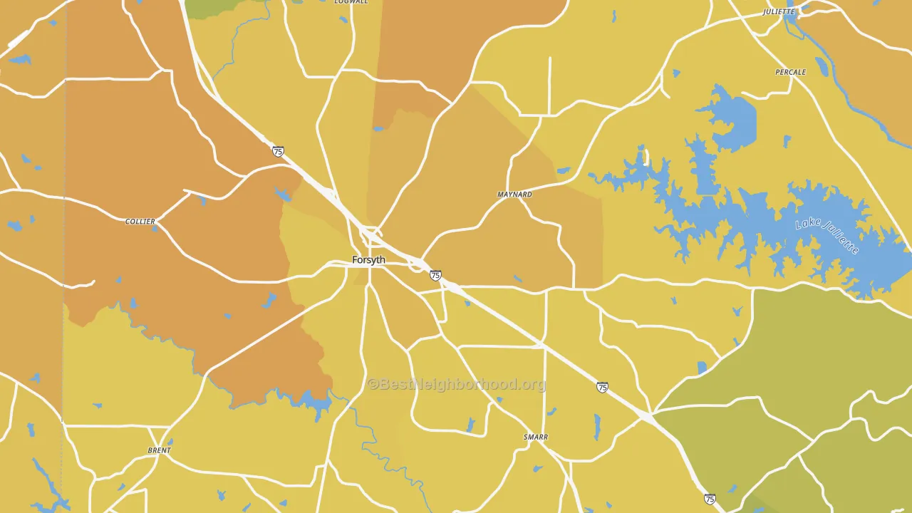 Map of the best neighborhoods in the Monroe County area, with better matches in green and worse matches in red