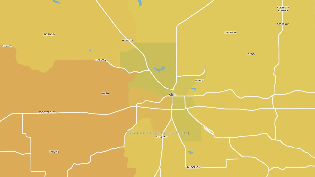 Map of the best neighborhoods in the Monroe County area, with better matches in green and worse matches in red