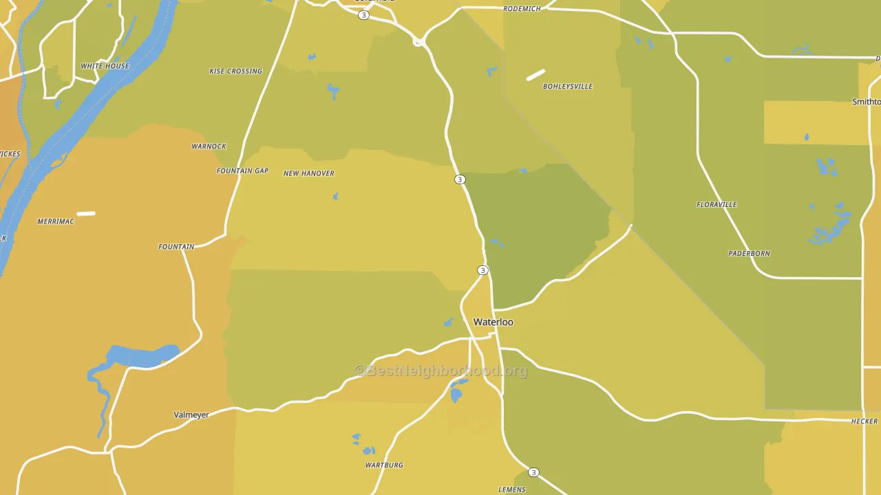 Map of the best neighborhoods in the Monroe County area, with better matches in green and worse matches in red