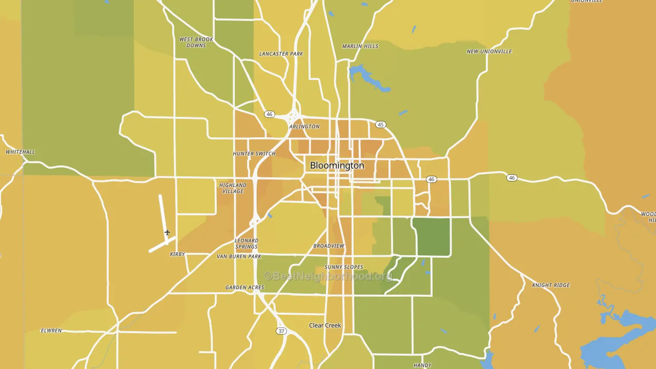 Map of the best neighborhoods in the Monroe County area, with better matches in green and worse matches in red