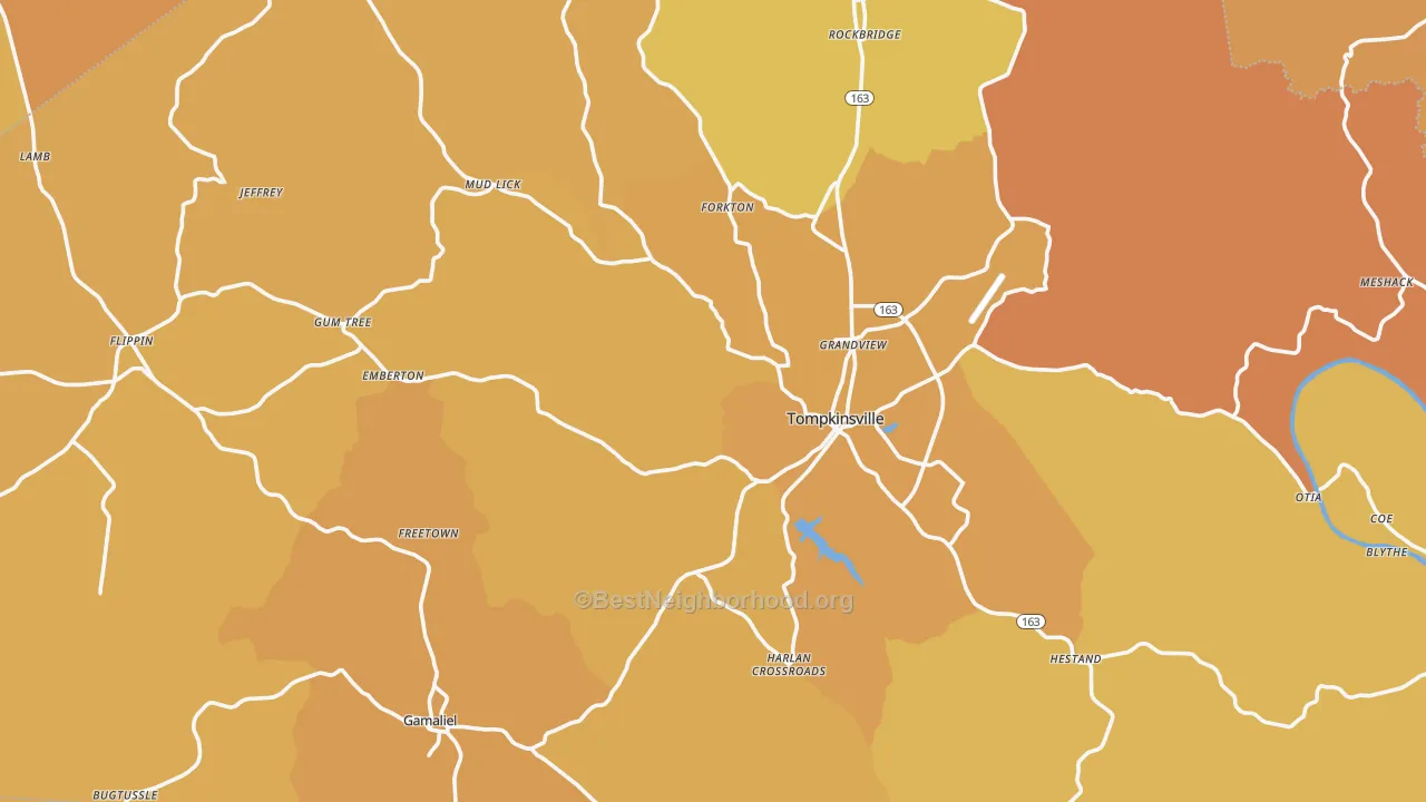 Map of the best neighborhoods in the Monroe County area, with better matches in green and worse matches in red