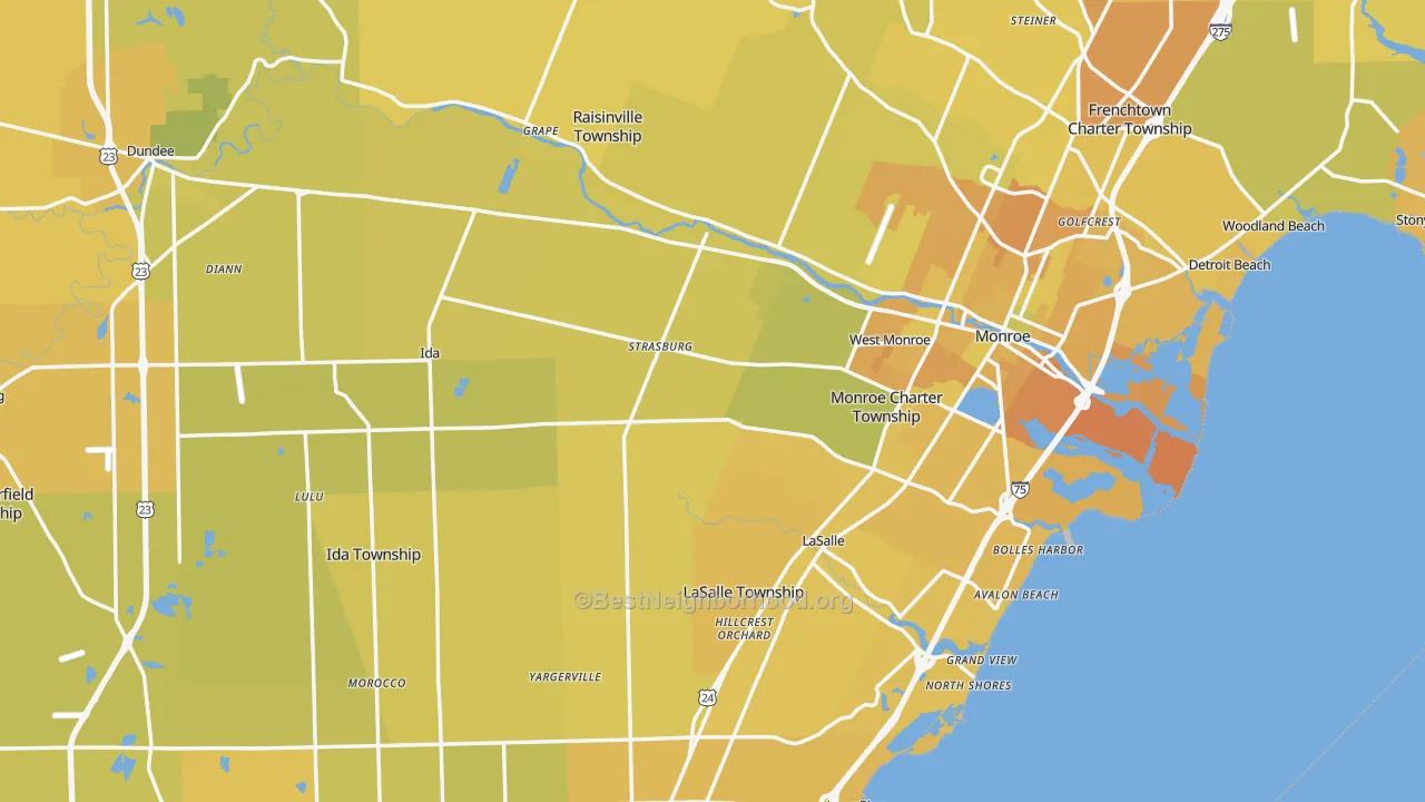 Map of the best neighborhoods in the Monroe County area, with better matches in green and worse matches in red