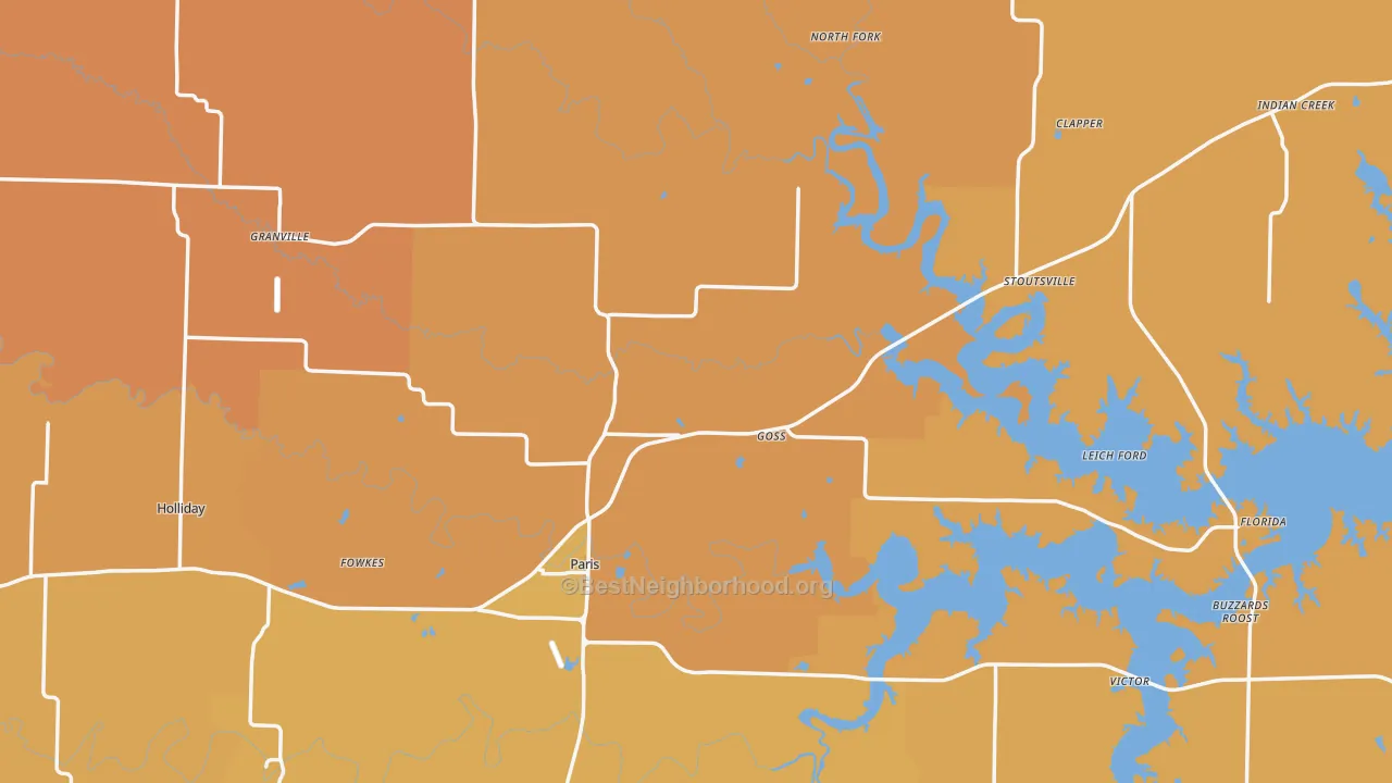 Map of the best neighborhoods in the Monroe County area, with better matches in green and worse matches in red