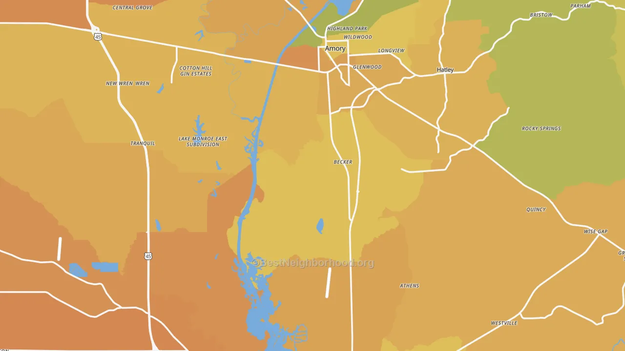 Map of the best neighborhoods in the Monroe County area, with better matches in green and worse matches in red