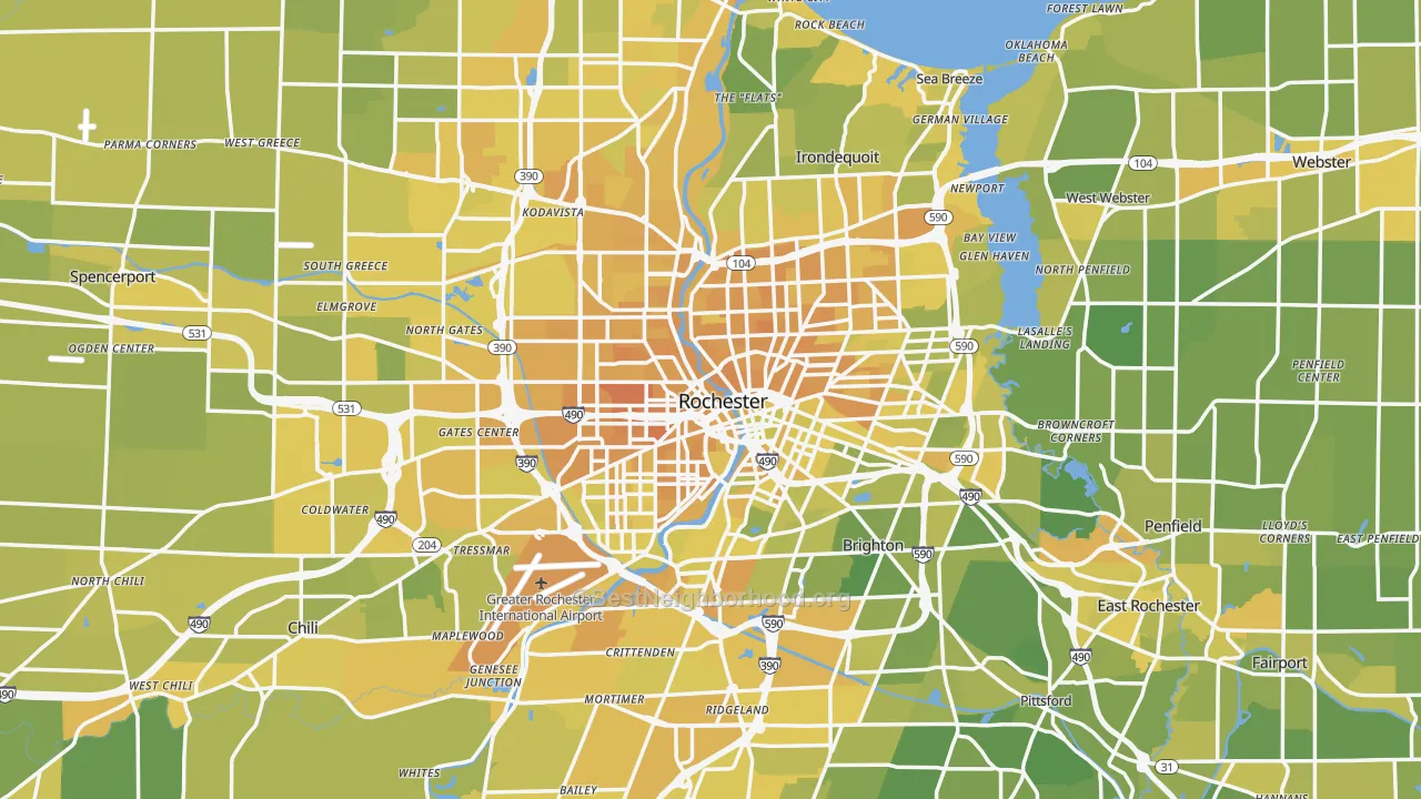 Map of the best neighborhoods in the Monroe County area, with better matches in green and worse matches in red