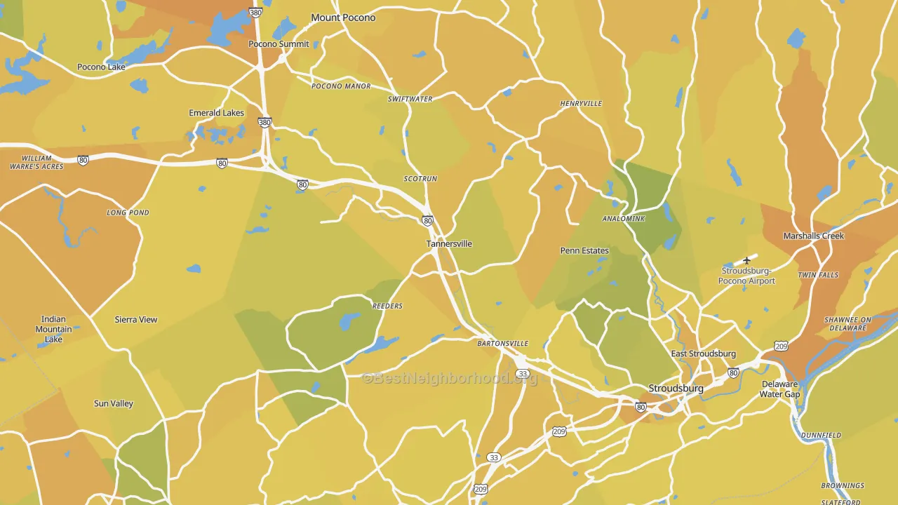 Map of the best neighborhoods in the Monroe County area, with better matches in green and worse matches in red