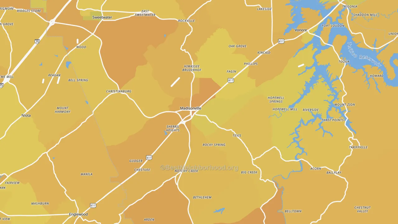 Map of the best neighborhoods in the Monroe County area, with better matches in green and worse matches in red