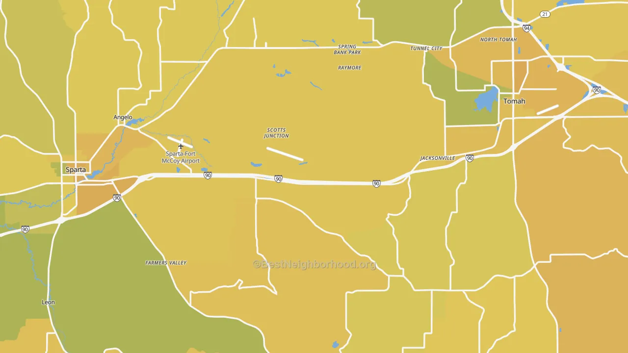 Map of the best neighborhoods in the Monroe County area, with better matches in green and worse matches in red