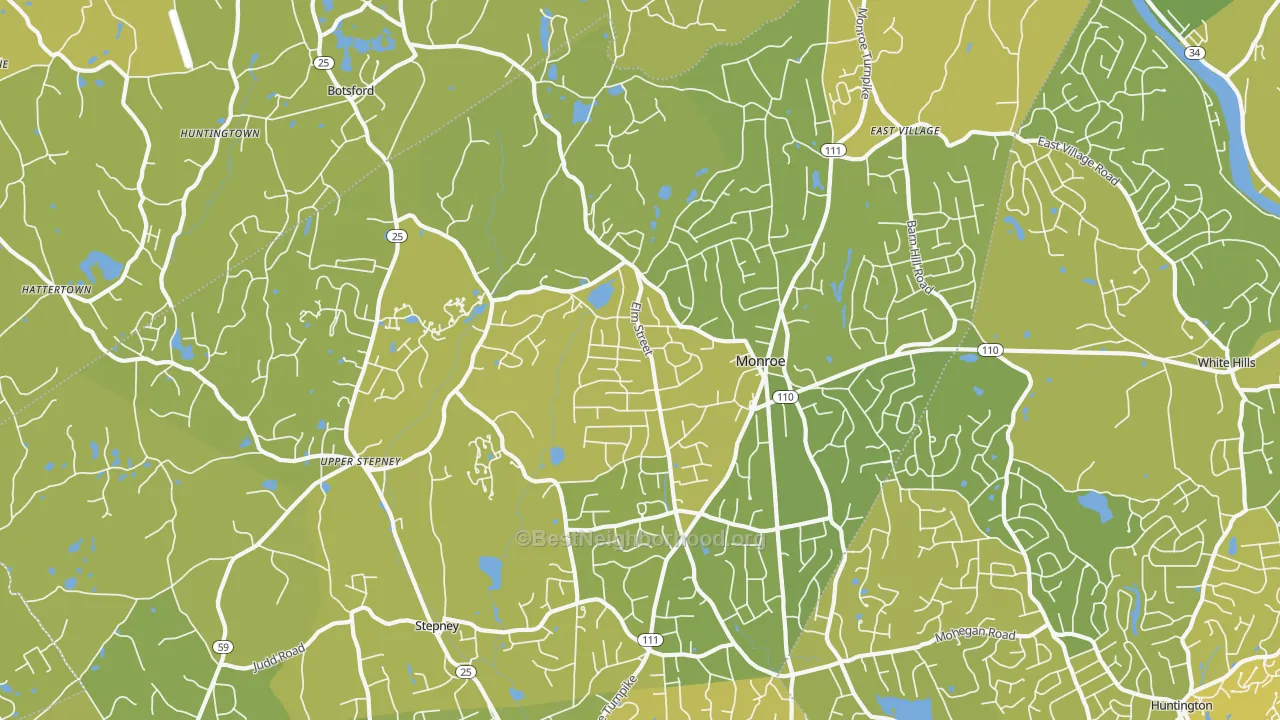 Map of the best neighborhoods in the Monroe area, with better matches in green and worse matches in red