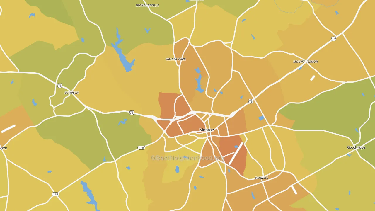 Map of the best neighborhoods in the Monroe area, with better matches in green and worse matches in red