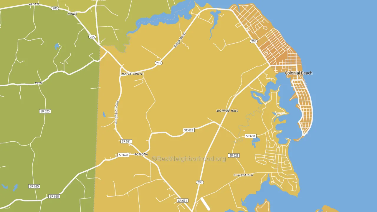 Map of the best neighborhoods in the Monroe Hall area, with better matches in green and worse matches in red