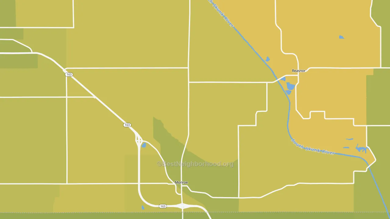 Map of the best neighborhoods in the Monroe area, with better matches in green and worse matches in red