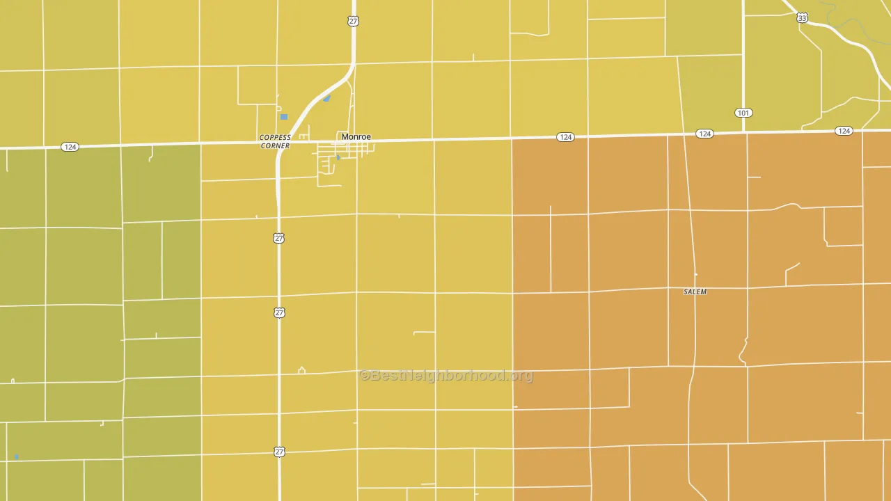 Map of the best neighborhoods in the Monroe area, with better matches in green and worse matches in red
