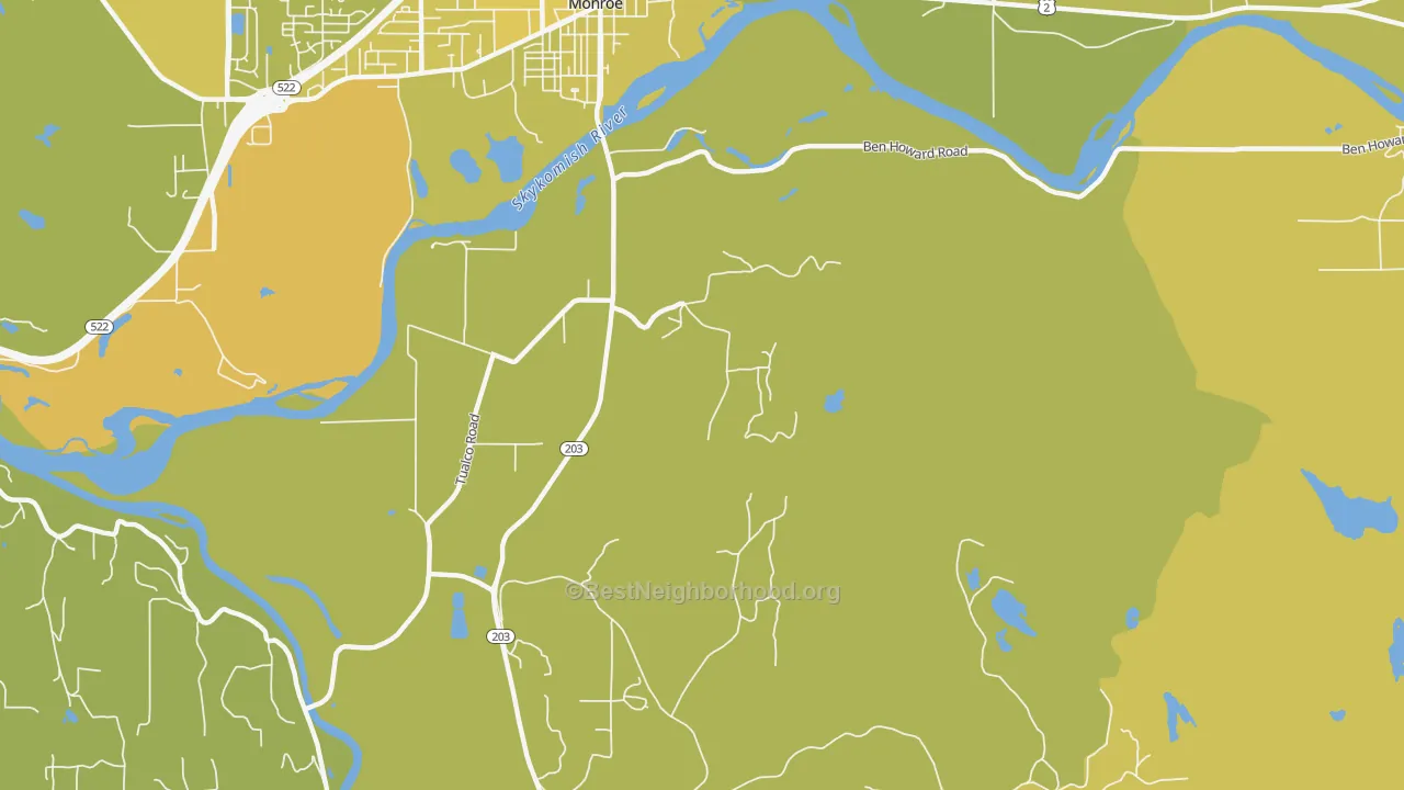 Map of the best neighborhoods in the Monroe Junction area, with better matches in green and worse matches in red