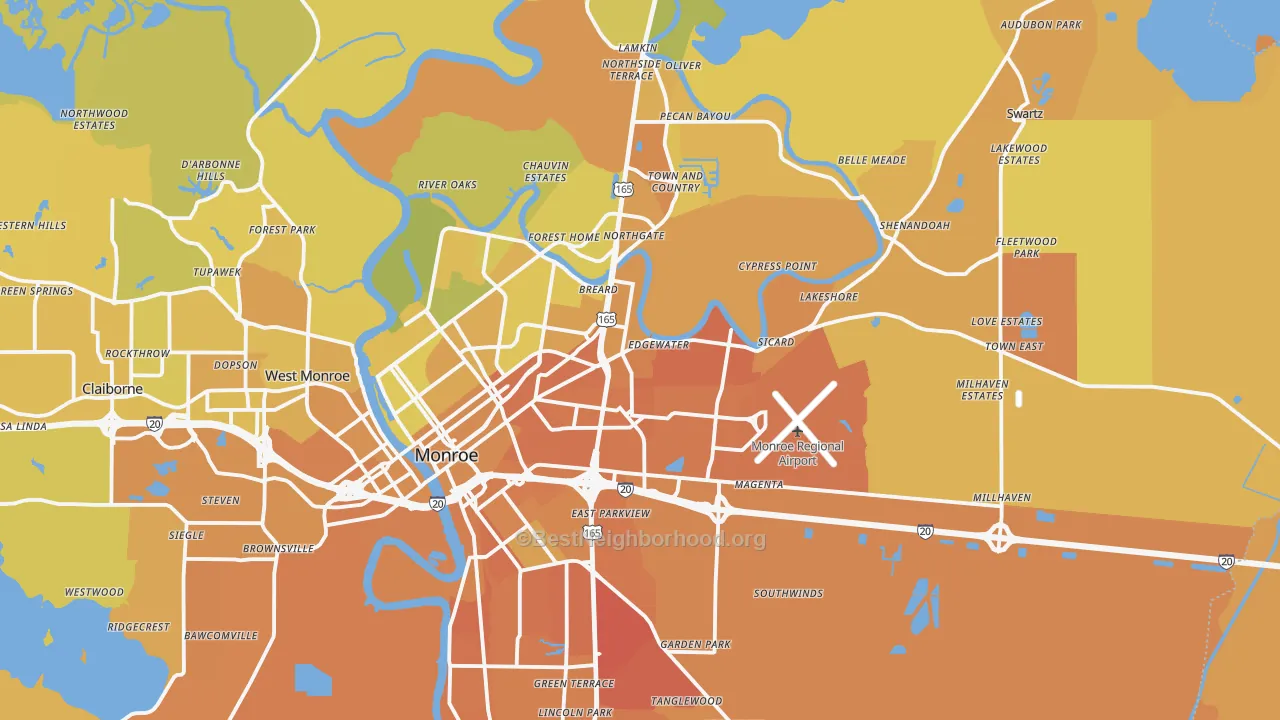 Map of the best neighborhoods in the Monroe Metro area, with better matches in green and worse matches in red
