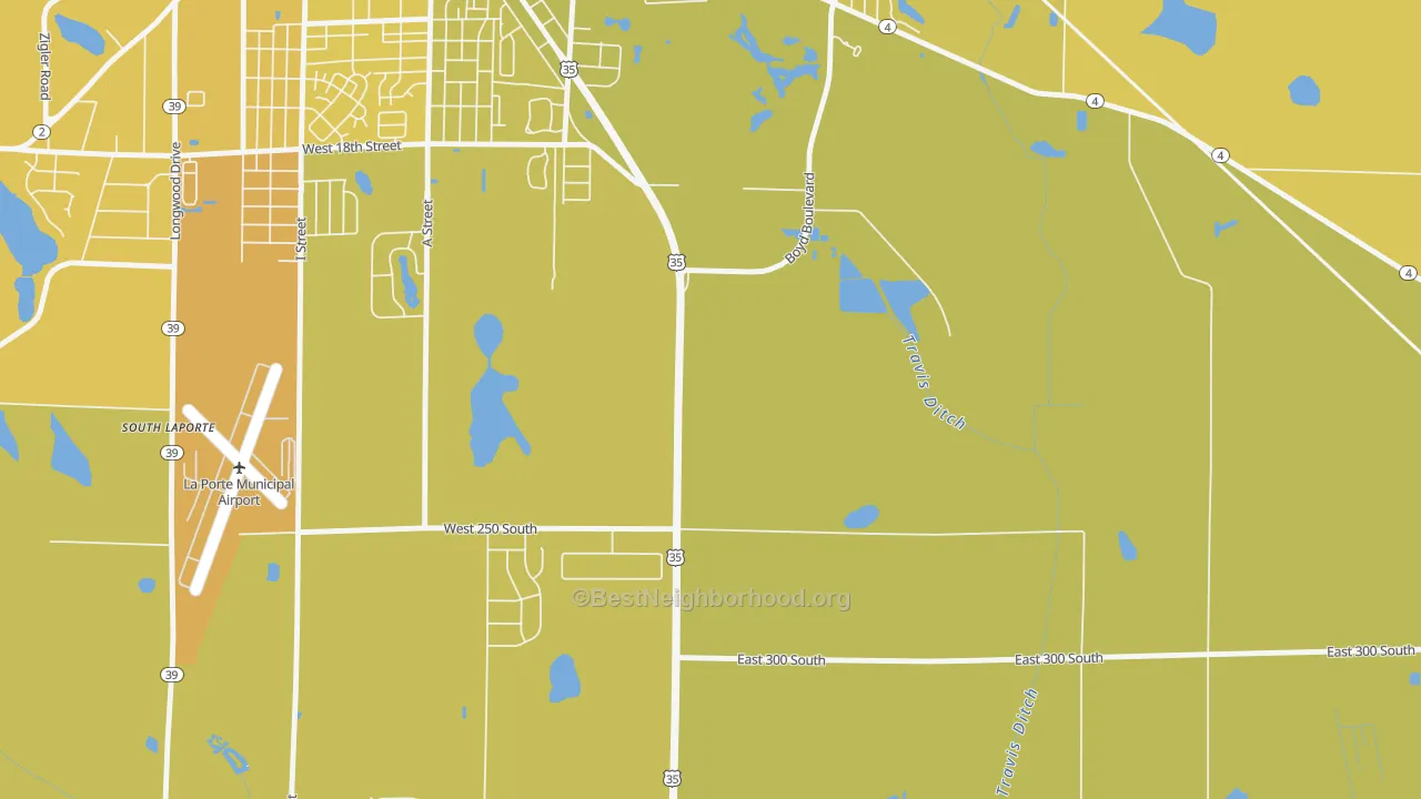 Map of the best neighborhoods in the Monroe Manor area, with better matches in green and worse matches in red