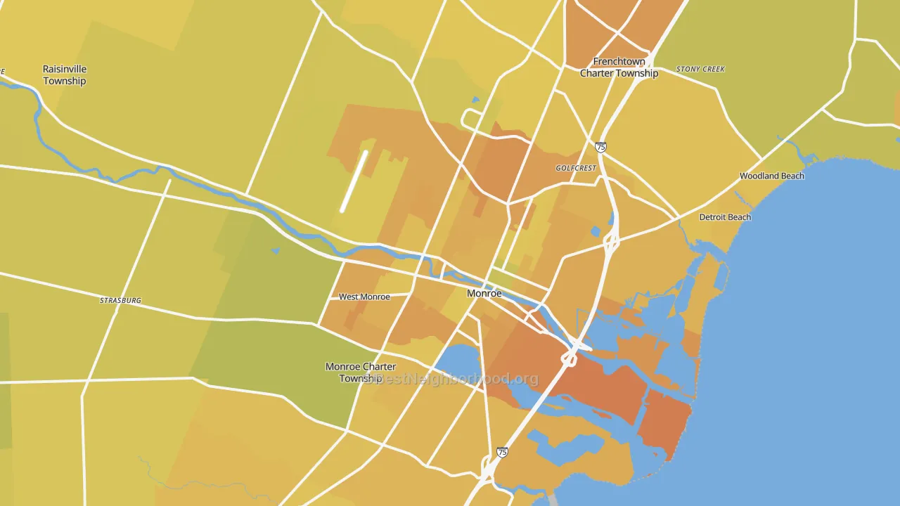 Map of the best neighborhoods in the Monroe Metro area, with better matches in green and worse matches in red