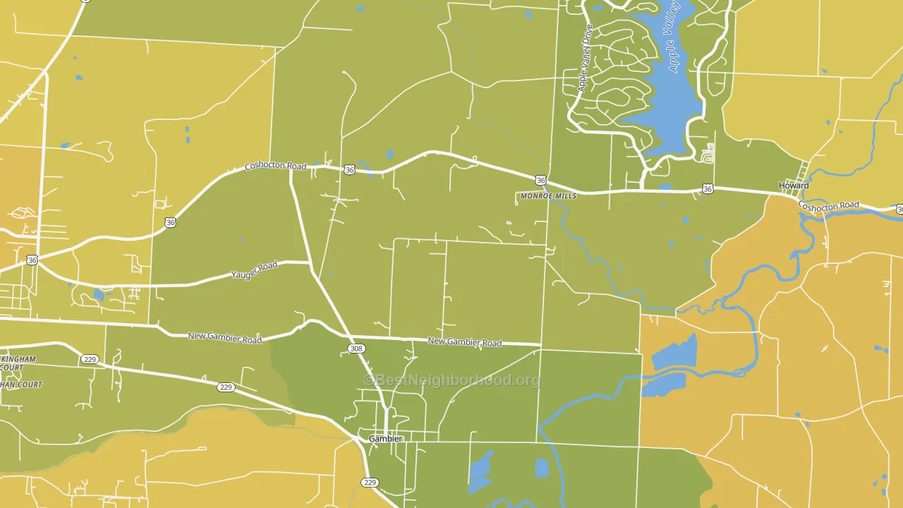 Map of the best neighborhoods in the Monroe Mills area, with better matches in green and worse matches in red