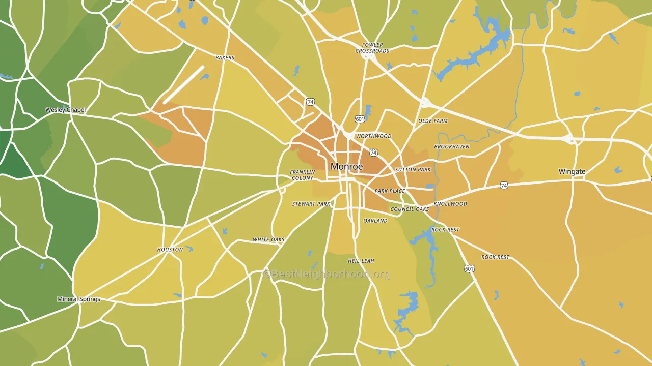 Map of the best neighborhoods in the Monroe area, with better matches in green and worse matches in red