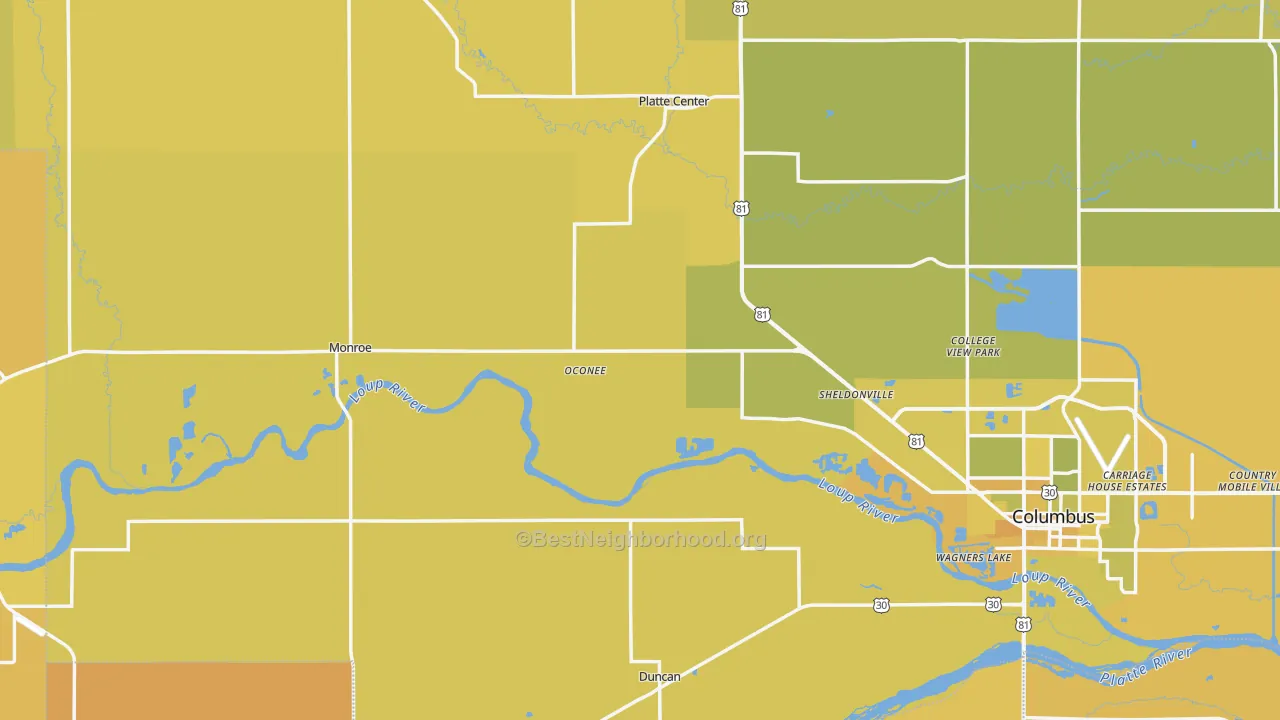 Map of the best neighborhoods in the Monroe area, with better matches in green and worse matches in red