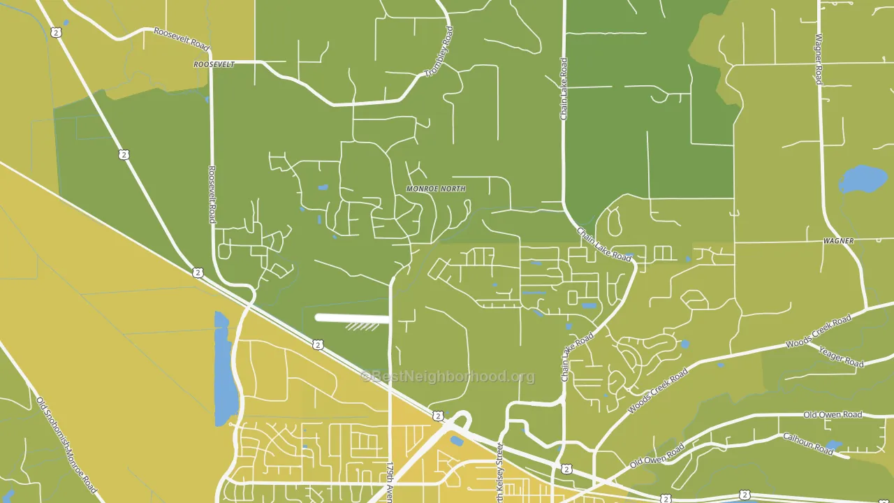 Map of the best neighborhoods in the Monroe North area, with better matches in green and worse matches in red