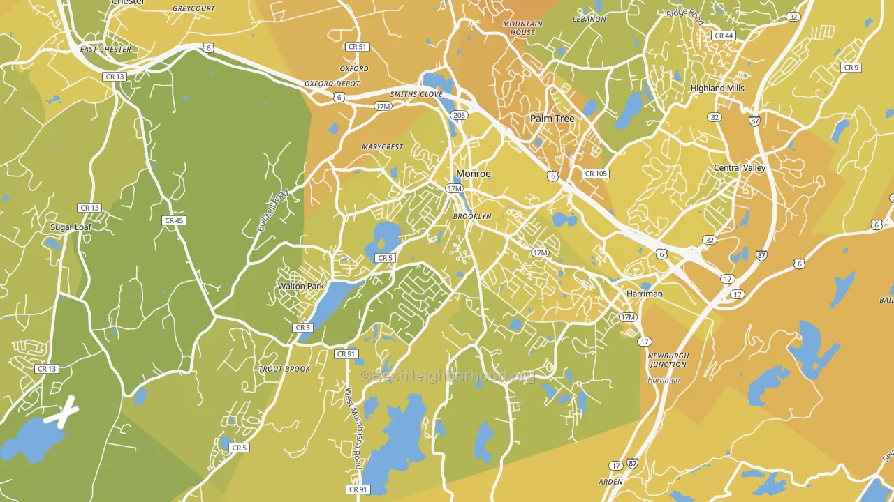 Map of the best neighborhoods in the Monroe area, with better matches in green and worse matches in red